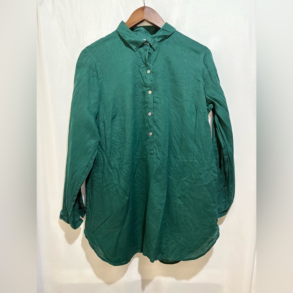 J Jill Love Linen Tunic Green Petite Medium Long Sleeve Pockets